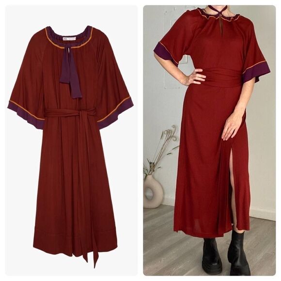 Zara Limited Edition Dress Wine Belted Slit - Picture 1 of 6